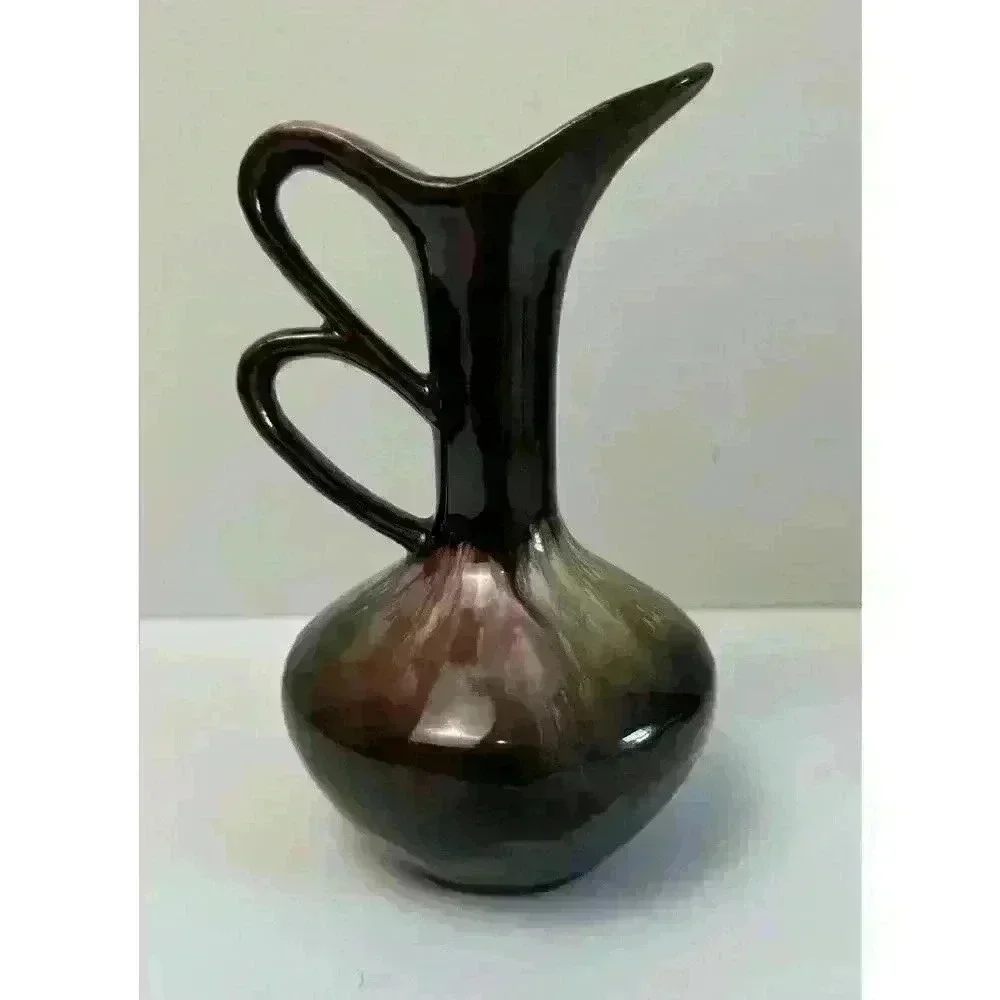 Vintage MCM Ceramic Cruet Pink Blue Gold Silver Drip Glaze Brown base Redware
